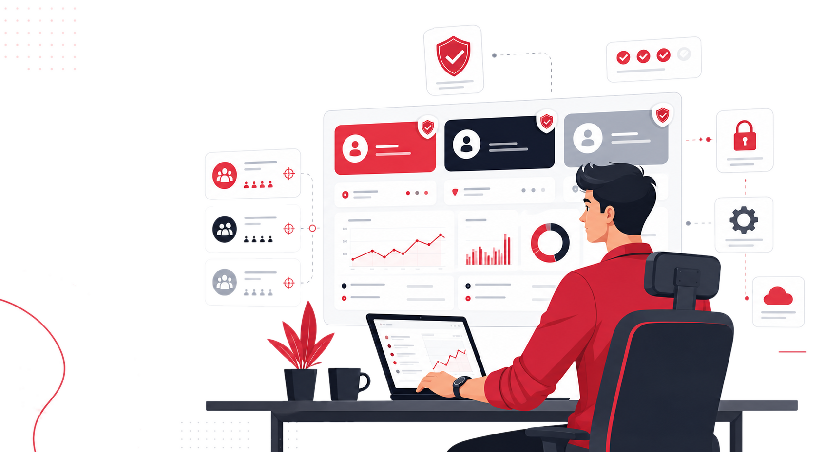 Ilustrasi operator digital advertising mengelola akun whitelist dan campaign